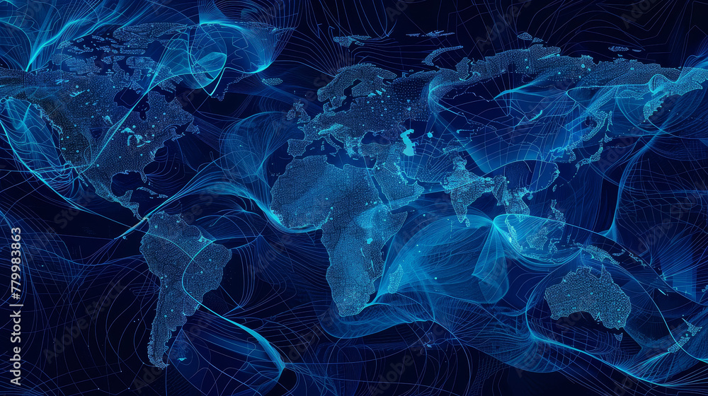 Poster a blue and white image of the world with many dots and lines