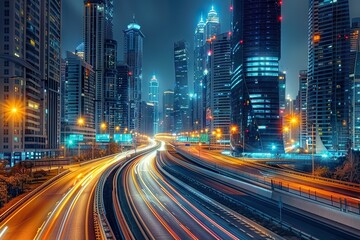 Motion Blur Night Lights Capturing the Dynamic Energy on a Bustling Highway, with a Majestic City Skyline Backdrop