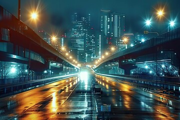 Fototapeta na wymiar Motion Blur Night Lights Capturing the Dynamic Energy on a Bustling Highway, with a Majestic City Skyline Backdrop
