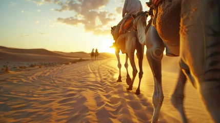 Fotobehang A group of camels are walking across a desert with the sun setting in the background. The camels are being led by a man on a horse © vefimov