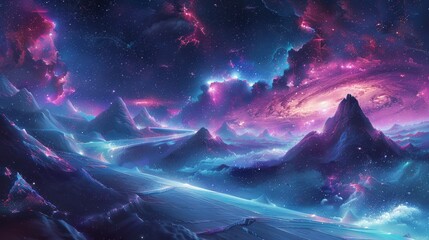 Surreal digital painting of majestic mountains set against a cosmic backdrop with nebulae, stars, and vibrant celestial colors.