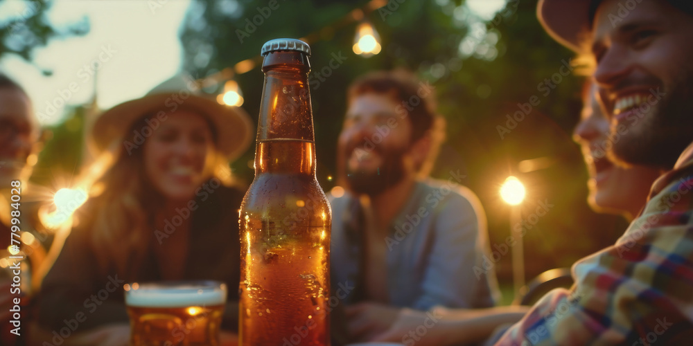 Poster a group of people are sitting around a table with a bottle of beer in the center. they are all smili
