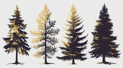 Four trees with gold accents are shown in a row. The trees are all different sizes and are all black. The gold accents on the trees give them a sense of elegance and sophistication - obrazy, fototapety, plakaty