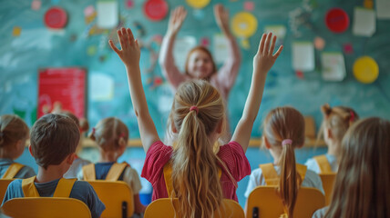 kindergarten class. a view of the children in kindergarten from the back, who are listening to the...