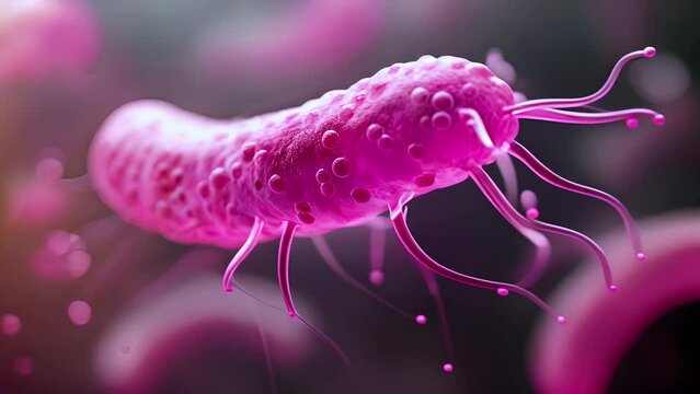 Pink bacterial bacillus with flagella close-up