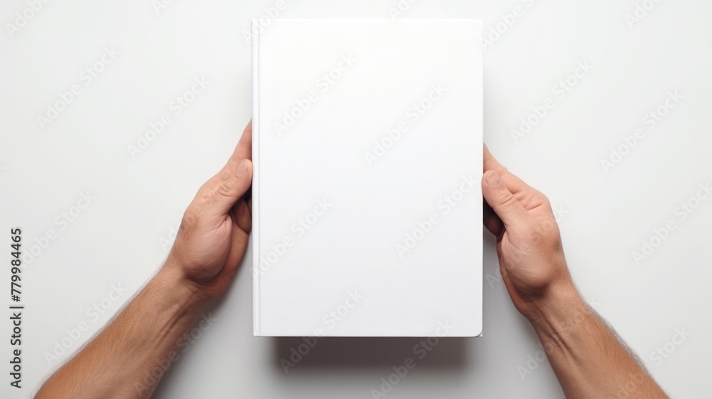 Poster a person is holding a white book with no writing on it. the book is rectangular and has a smooth sur