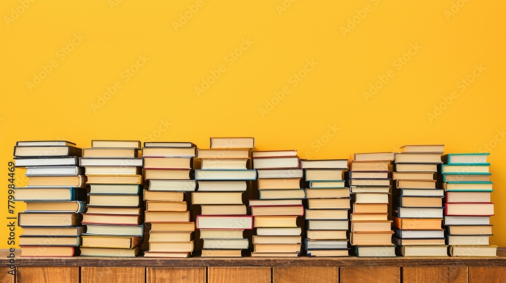 Poster a stack of books on a shelf with a yellow background. the books are of various sizes and colors, and