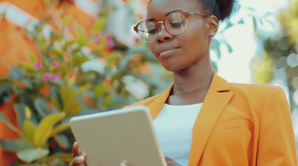 A woman wearing glasses and an orange jacket is looking at a tablet. She is focused on the screen, possibly reading or working on something. Concept of productivity and concentration