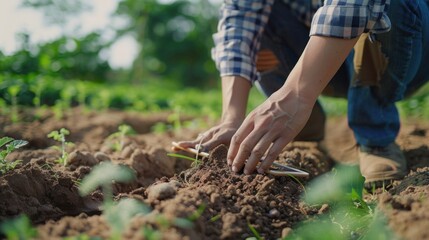 A man is planting potatoes in a field. Concept of hard work and dedication to agriculture