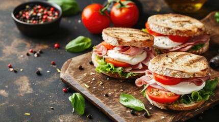 Three sandwiches with ham, cheese, and tomatoes on a wooden cutting board. The sandwiches are placed on a table with a bowl of pepper and a bowl of tomatoes