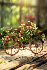 Fototapeta na wymiar Old miniature iron bicycle with fresh flowers on wooden table. World bicycle day. Nature's touch on two wheels.