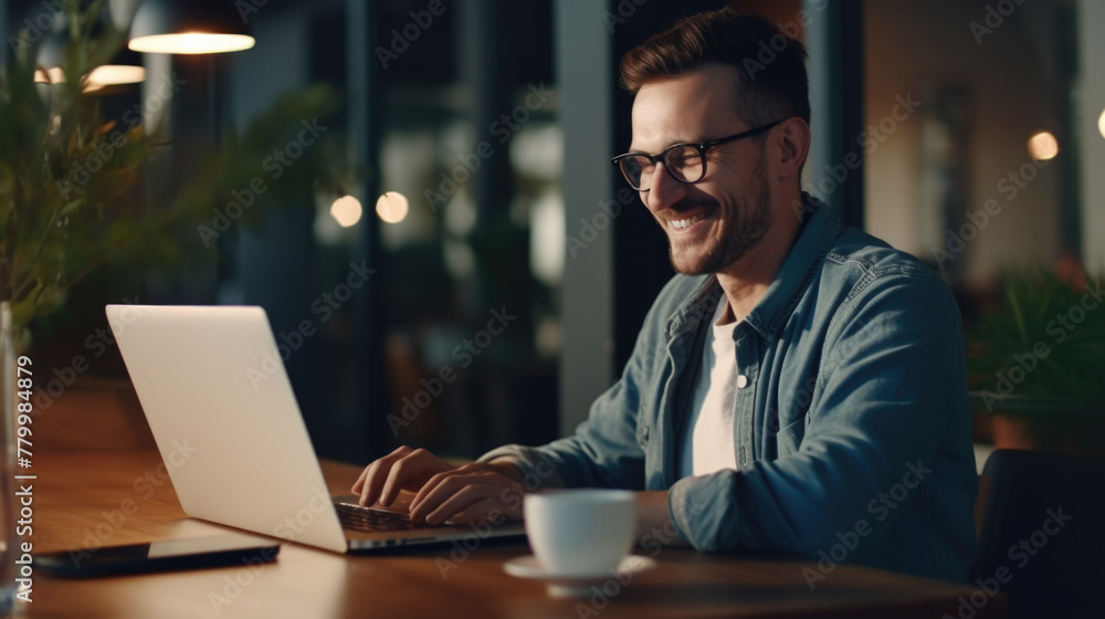 Poster a man is sitting at a table with a laptop and a cup of coffee. he is smiling and he is enjoying his 