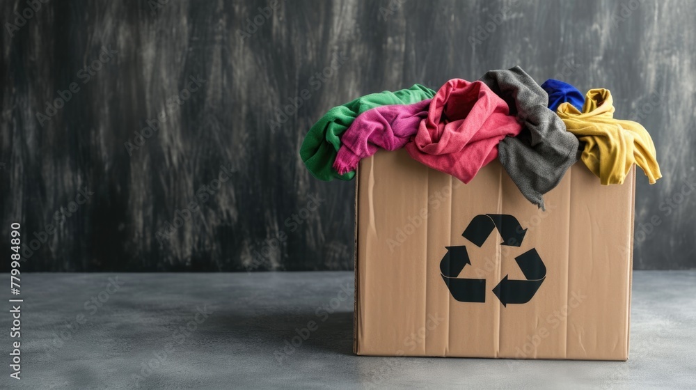 Poster a cardboard box with a recycling symbol on it is filled with clothes. the box is placed on a grey su