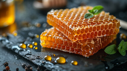 honey in honeycombs on a black stone leaf. Honey advertising on a dark background