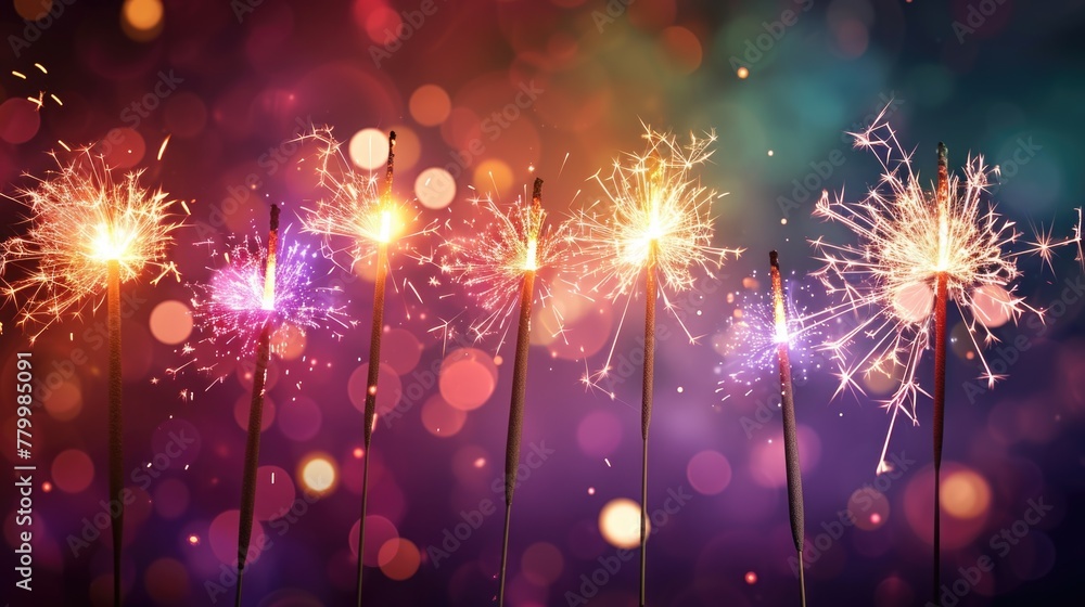 Poster a row of fireworks with a purple background. the fireworks are lit up and are in different colors