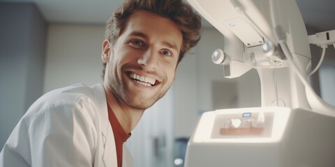 A smiling man in a white lab coat is standing in front of a dental x-ray machine - obrazy, fototapety, plakaty