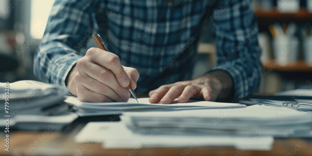 Aufkleber a man is writing with a pen on a piece of paper. concept of focus and concentration as the man caref