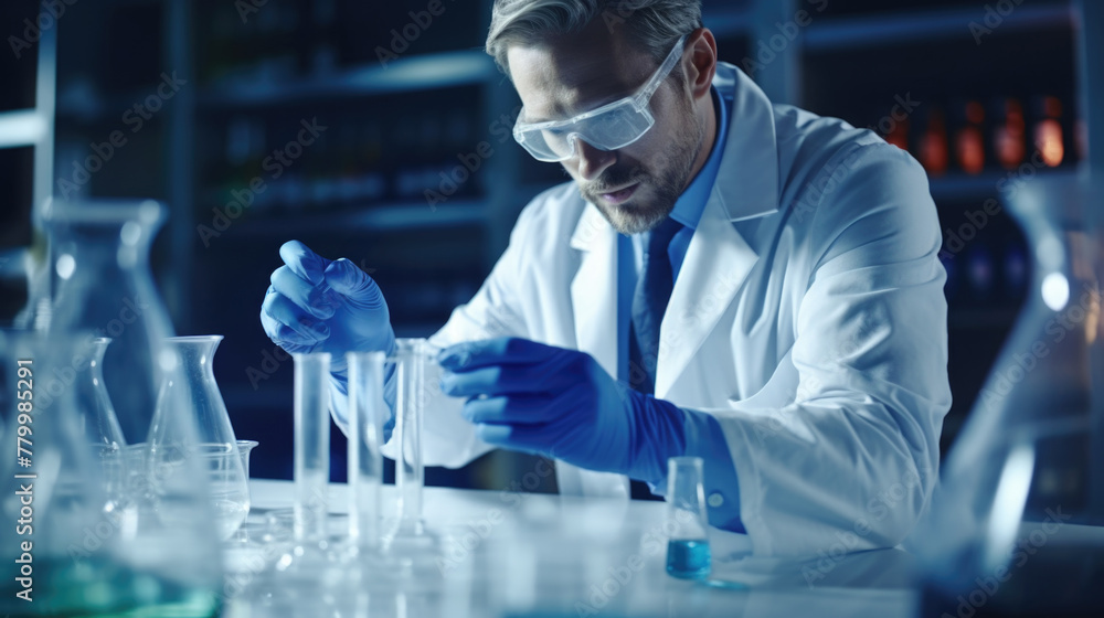 Poster a man in a lab coat is working with chemicals in a lab