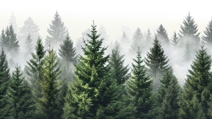 Obraz premium A forest of trees with a foggy mist in the background. The trees are tall and green, and the mist adds a sense of mystery and serenity to the scene