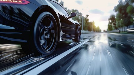 A black car is speeding down a wet road