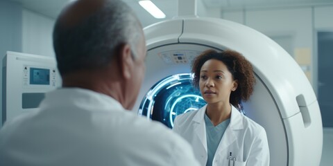 A doctor and a patient are in a room with a large machine