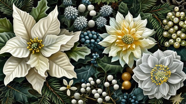 A painting of a white flower with blue and green leaves. The flower is surrounded by berries and other flowers