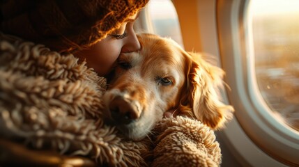 A serene photo-realistic depiction of an owner gently calming their nervous pet on a plane, showcasing a scene of trust and care