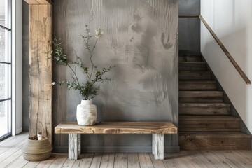 Wooden bench against gray wall and stairs. Interior design.