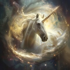 Enchanting unicorn in swirling cosmic dust clouds - A celestial unicorn surrounded by swirling cosmic dust, embodies purity and magic against a starry backdrop