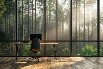 A modern home office setup in a minimalist style with panoramic windows