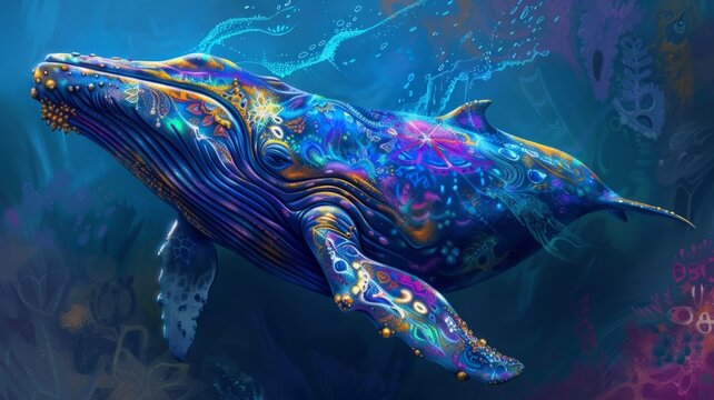 Artistic whale with fluorescent tribal designs - Enchanting underwater scene depicting a whale adorned with radiant tribal patterns and vibrant, fluorescent colors