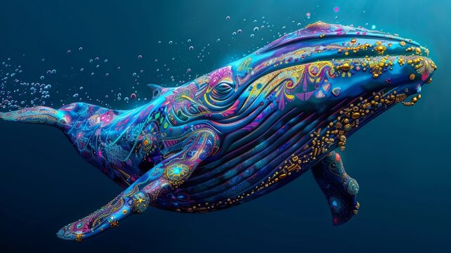 Psychedelic blue whale with effervescent details - This mesmerizing image showcases a blue whale with effervescent details and a dreamlike quality in vivid blues