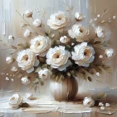 Oil painting of white flowers, soft palette knife strokes in neutral tones