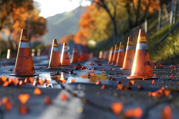 Safety First A Line of Orange and White Construction Cones Marking a Wet Road, Signifying Caution and Roadwork Ahead
