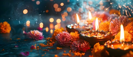 Festive Diwali Celebration with Sparklers and Lamps. Concept Diwali Celebrations, Festive Decor, Sparkling Lights, Traditional Lamps, Joyful Moments