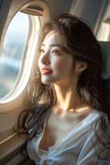Smiling Asian woman enjoys the view from airplane window, radiating beauty and tranquility