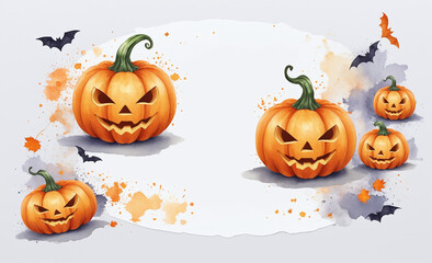 Cute halloween pumpkin with copy space on white ink paint illustration , detailed