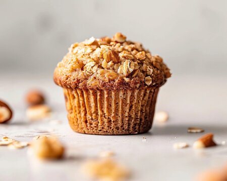 A close view of the crumbly texture of an oatmeal muffin top, showcasing the grains and nuts, against a minimalist background for clarity
