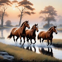 Horses with brown markings on their faces running through a misty field with a water body in the foreground and a soft glowing sky in the background