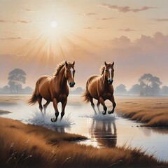 Horses with brown markings on their faces running through a misty field with a water body in the foreground and a soft glowing sky in the background
