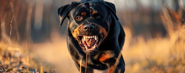ferocious Rottweiler dog snarling, showing its teeth with a blurred green background. aggressive...