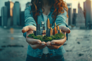 Close-up of woman's hands holding miniature New York City on an island, with city skyline in the...