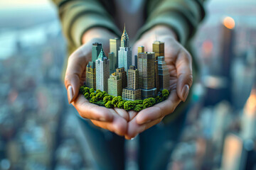 Close-up of woman's hands holding miniature New York City on an island, with city skyline in the...