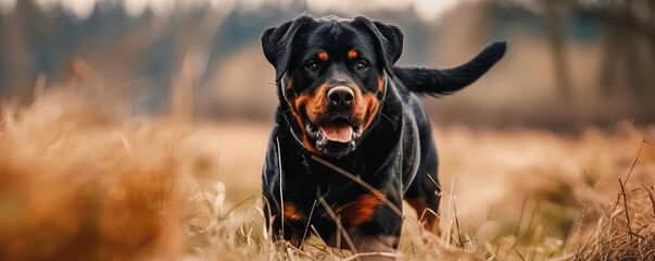 ferocious Rottweiler dog snarling, showing its teeth with a blurred green background. aggressive dog attack - obrazy, fototapety, plakaty