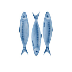 Fish sardine traditional Portuguese. Watercolor illustration. Element of a set of azulejo ceramic tiles in monochrome blue colors.For seafood menu, print on fabric, web page backgrounds
