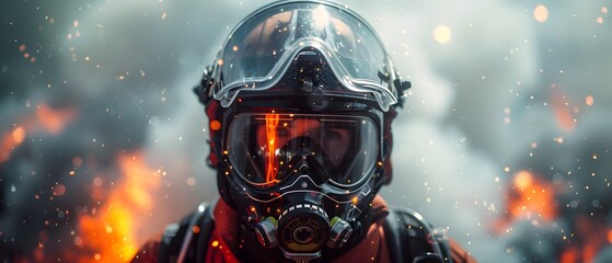 Firefighter s Helmet with Advanced Technology Amid Raging Wildfire Combat - obrazy, fototapety, plakaty