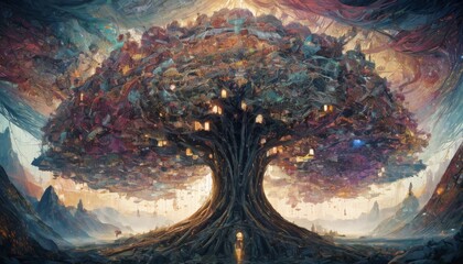 A stunning digital creation of a vast, life-giving tree with intricate homes nestled within, under a tapestry of twilight hues - obrazy, fototapety, plakaty
