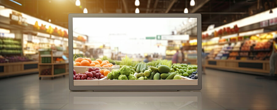 A mockup of a blank digital display in the vibrant fruit aisle of a bustling supermarket
