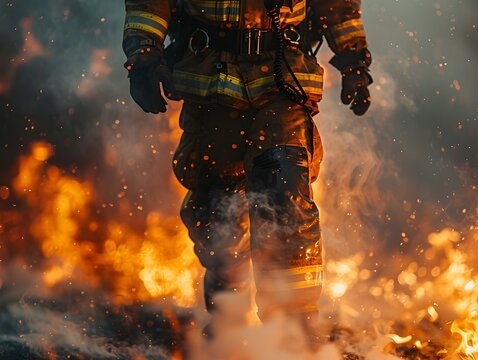 Firefighter in Advanced Heat Resistant Suit Battling Wildfire Flames and Smoke