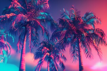Fototapeta na wymiar Palm trees at neon sunset. Summer vacation concept. Retrowave, synthwave, vaporwave aesthetics. Retro style, webpunk, retrofuturism. Illustration for design, print, poster